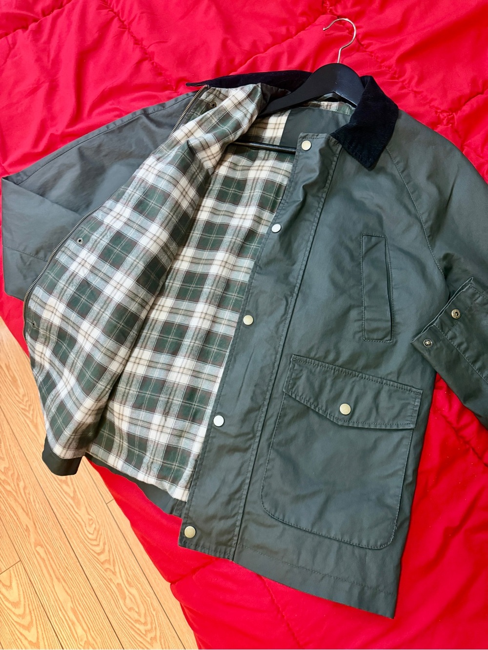 Men's Olive Green Field Jacket with Contrast Collar - Picture 5 of 6